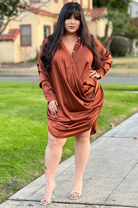 Satin Shirt Dress - Brown ...